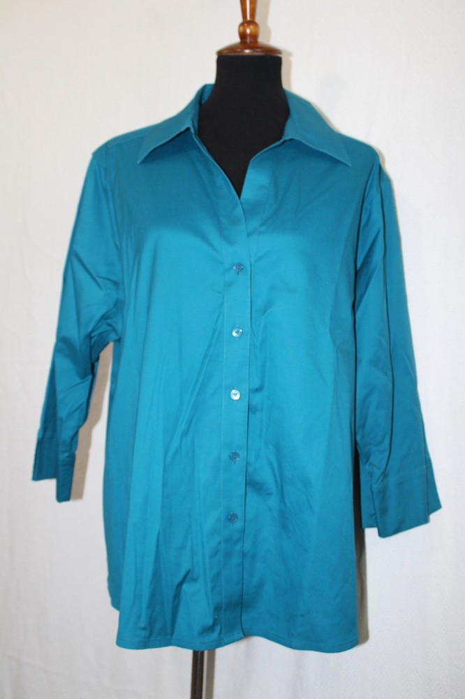 Foxcroft Sz 18W Teal Green Non Iron Button Up Long Sleeve Shaped Tunic Shirt