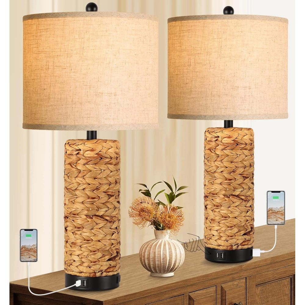 Tall Farmhouse Rustic Table Lamps Set of 2 for Living Room 3 Color Temperature