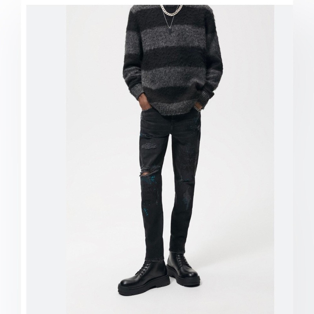 Zara paint splatter ripped distressed black denim skate slim jeans NWT size 32 M