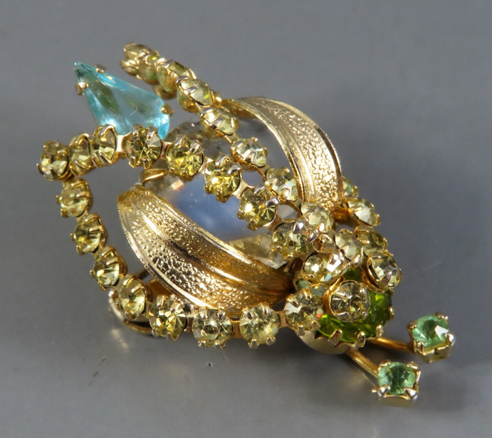 VTG Juliana? INSECT BROOCH PIN Beetle Gold Tone GREEN/BLUE RHINESTONES Gripoix