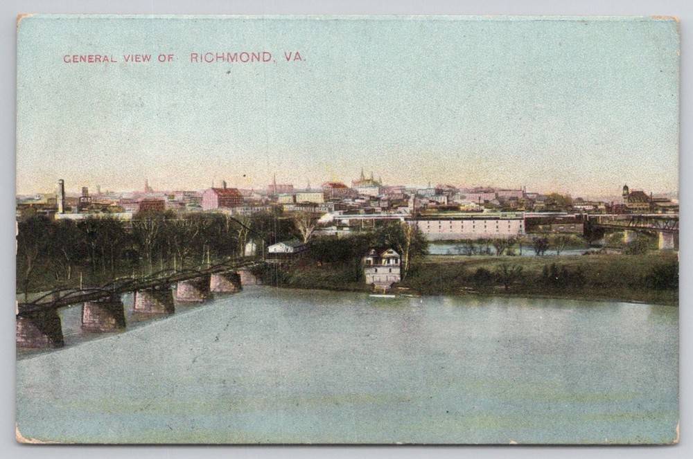 Richmond VA General View James River Bridge City Skyline 1908 Postcard