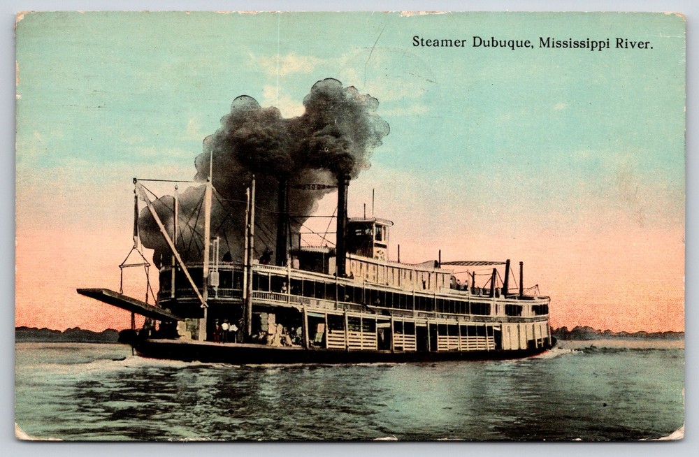 Transport~Ship~Steamer Dubuque Riverboat Scene~Crane~Smoke~Sunset~1914 Postcard