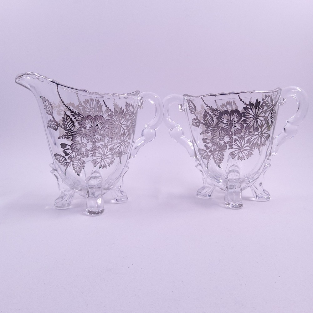 VTG Flanders Silver City Poppy Footed Glass Creamer & Sugar Set with Silver Overlay