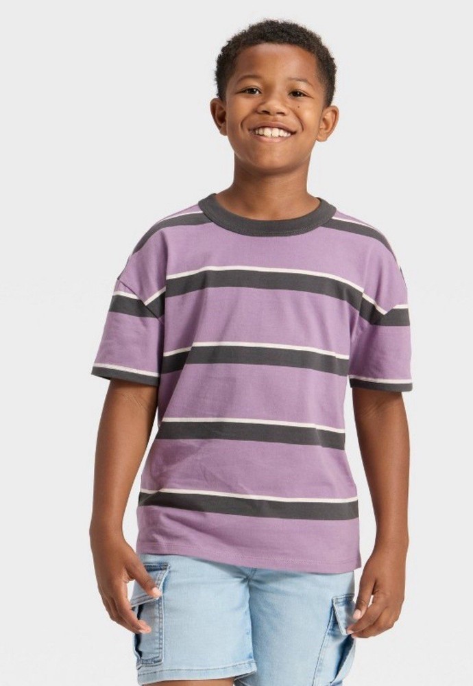Boys Cat & Jack Medium Size 8 Purple Striped Short Sleeve Top Tee Shirt NEW