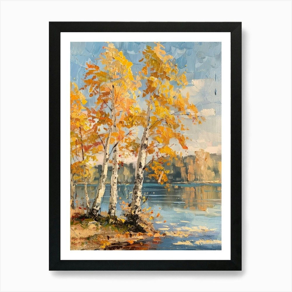 Birch Trees Lakeside Framed Wall Art Canvas Print Picture