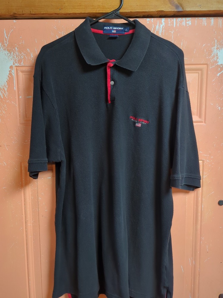 Vintage 90s Polo Sport Ralph Lauren Black Short Sleeve Polo Shirt EMBROIDERED XL
