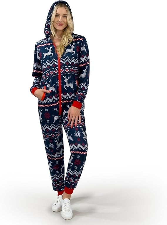 Adults Christmas Hooded Pajamas, Christmas Jumpsuits Outfits, Blue, Large Size