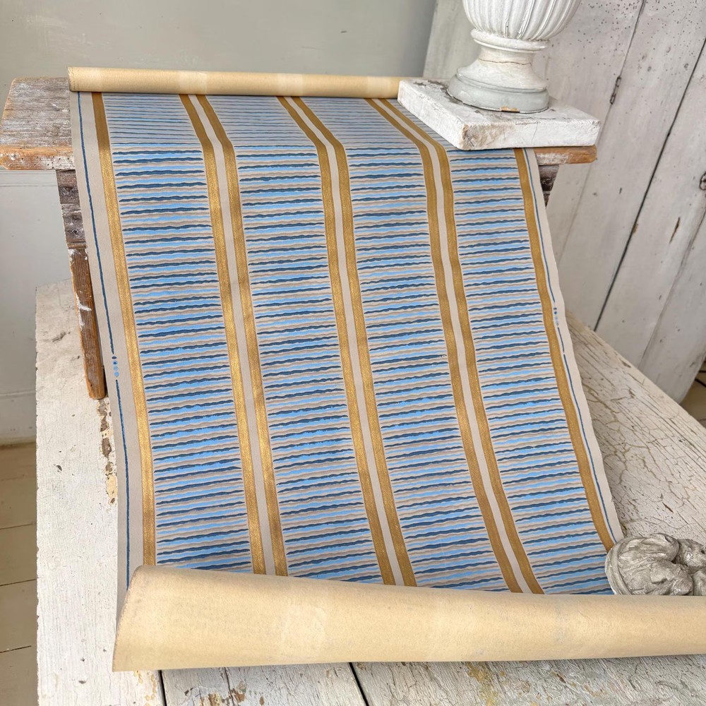 2.3yds French Wallpaper c1920 Blue Gold Striped ArtDeco Geometric Wallcoverings