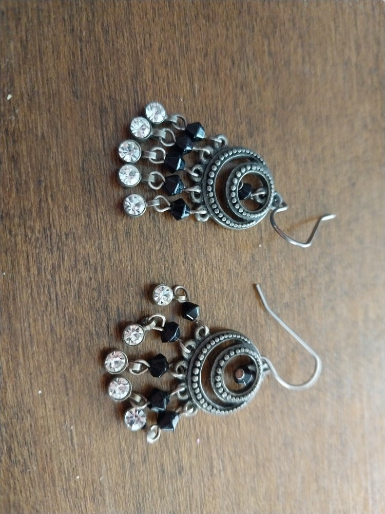 Vintage Silver Tone, Black Beads & Clear Rhinestones Earrings - Lia Sophia