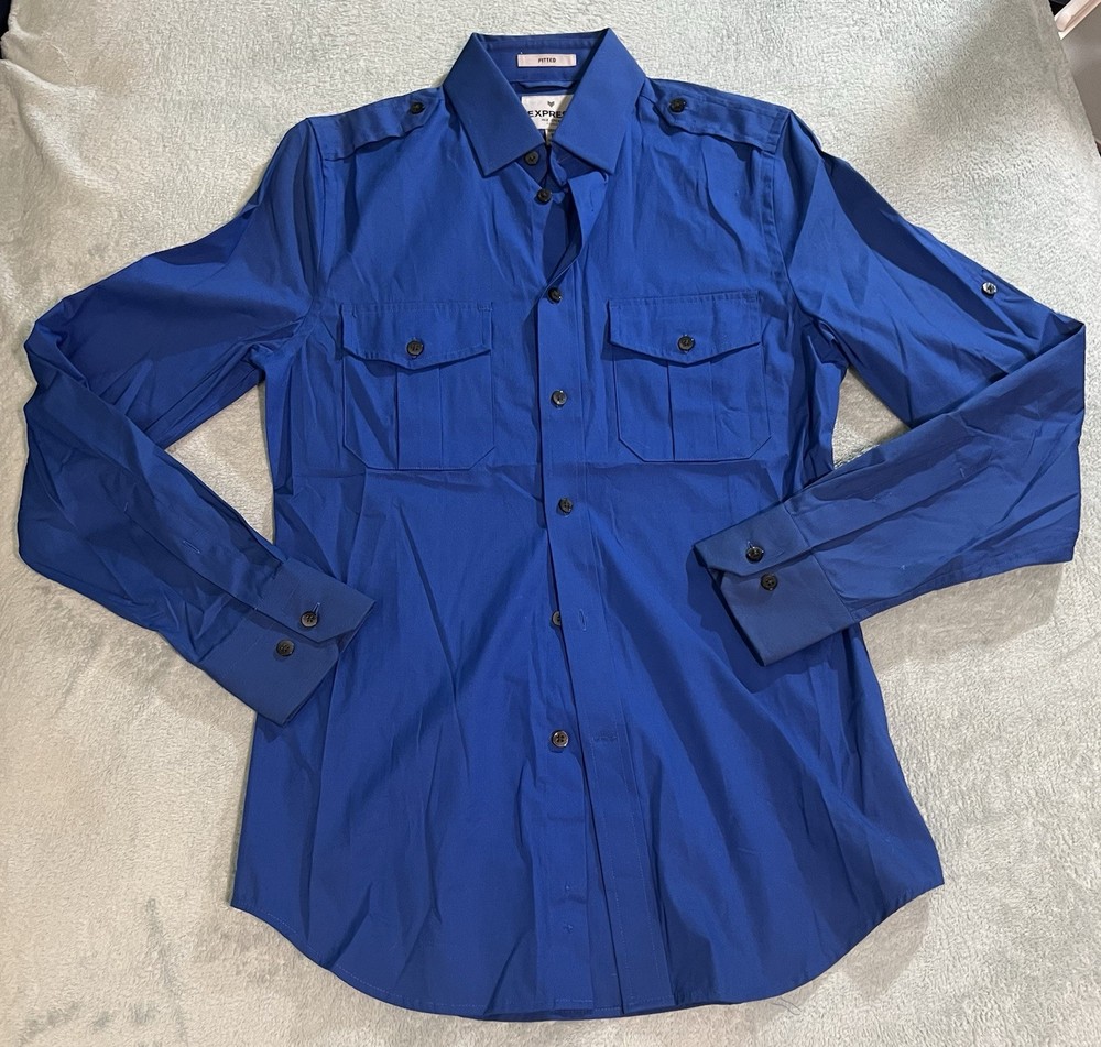Express Men’s XS Blue Utility Button-Up Shirt Long Sleeve Military Cargo Casual