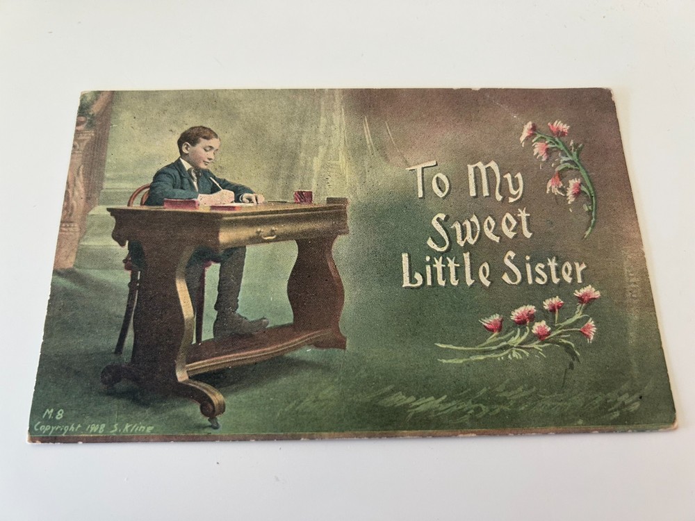To My Sweet Little Sister Boy Writing at Desk Vintage Postcard