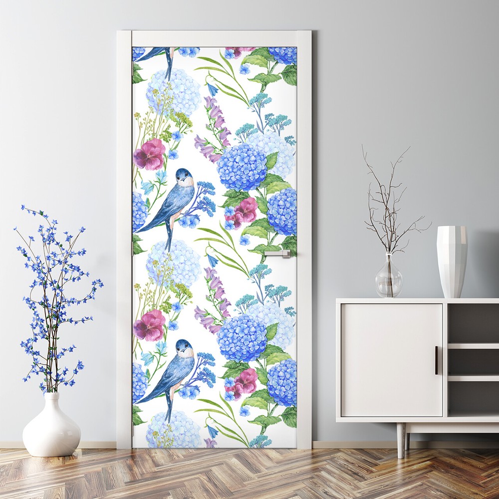 Adhesive Door sticker adhesive Birds Flower Watercolour Floral Kids Baby Nursery