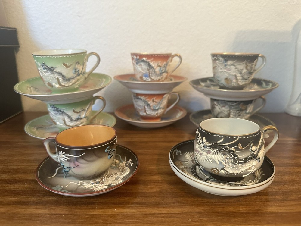 Set of 8 Vintage Signed Moriage Dragon Ware Tea Cup & Saucer Sets, Japan