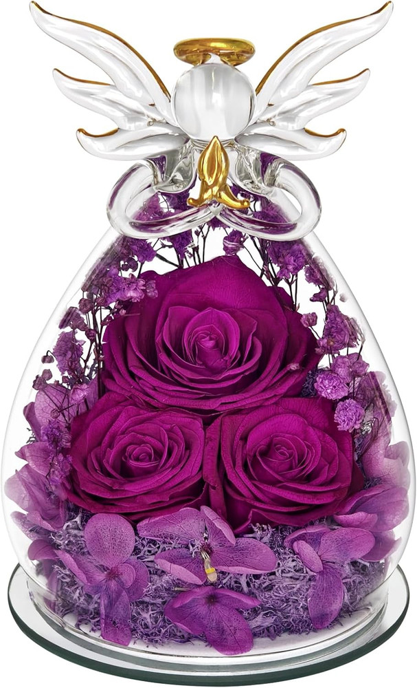 Preserved Rose Gifts for Women Birthday, Forever Flower in Glass Angel Figurines