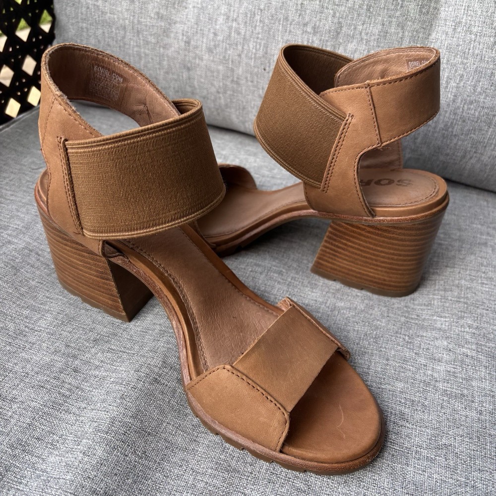 Sorel Women's Nadia 9.5 Camel Brown Leather Wood Heel Sandal