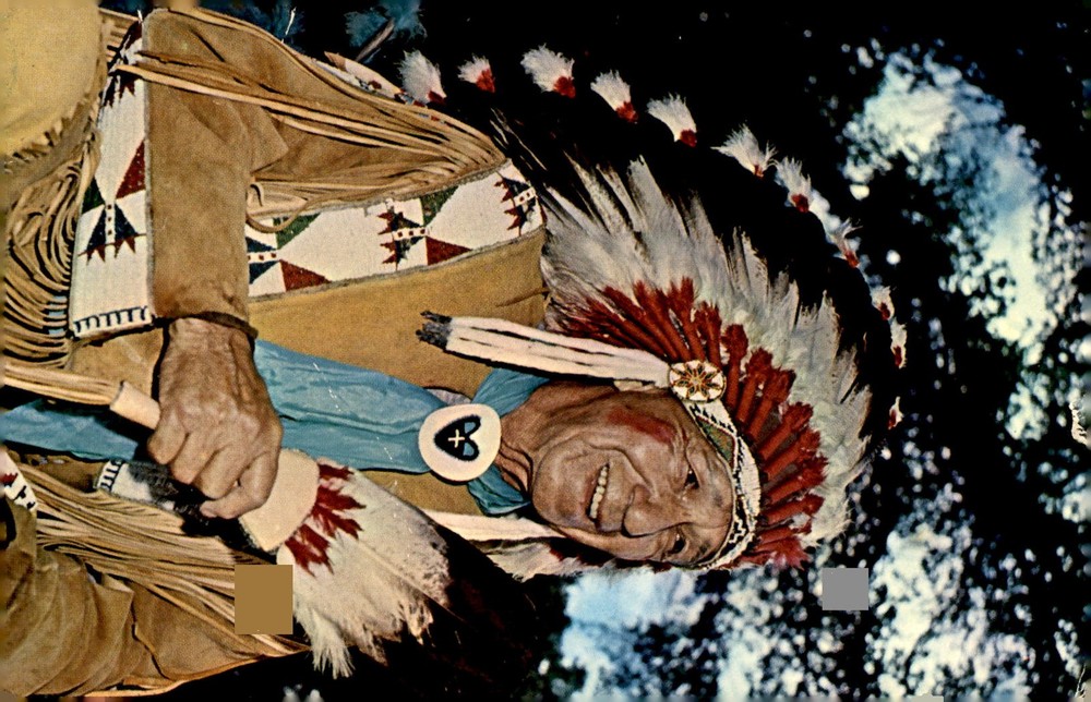 Indian Chief at Omaha and Winnebago Powwow, Colorful Headdress and Postcard