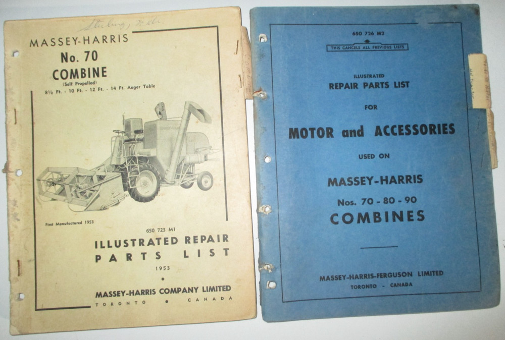 Massey Harris MH 70 Combine & Motor Parts Catalog Manual Book 1953 ORIGINAL!