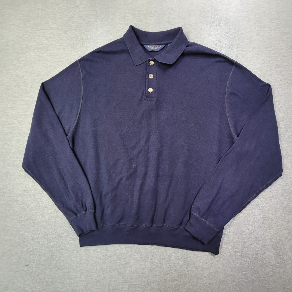Willis & Geiger Polo Sweater Mens Large Navy Wool Relaxed Made in USA Vintage