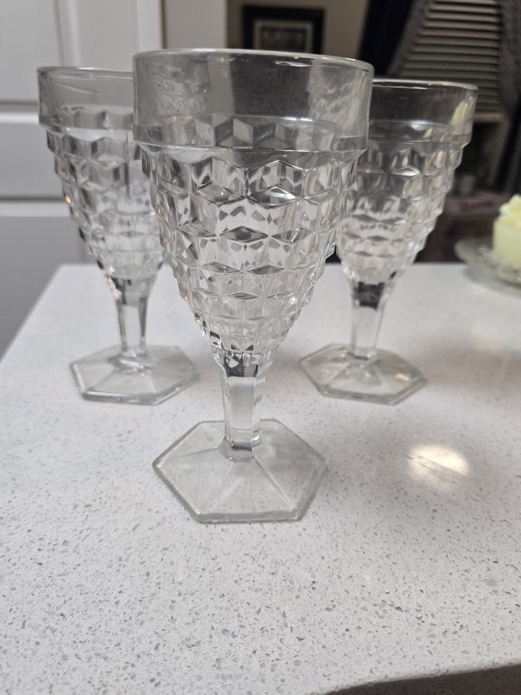 Set of (3)  Fostoria American Hex Base Crystal Stemware Wine Water Goblet 6 7/8