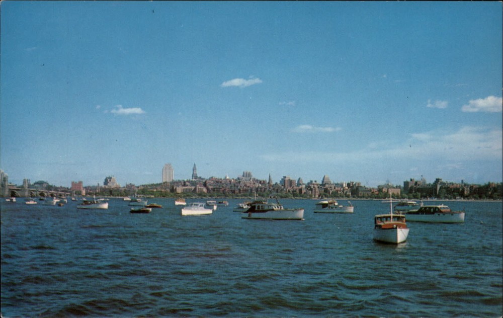 Boston Massachusetts skyline view from Charles River boats ~ unused postcard