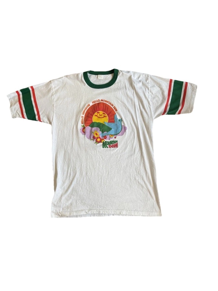 RARE 70s Mountain Dew Ringer Graphic Tee XL Vintage Hello Sunshine