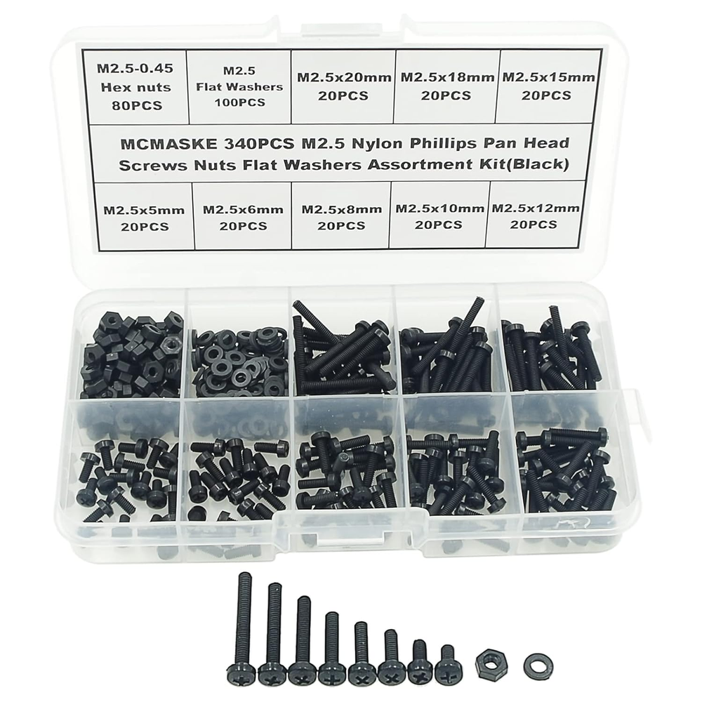 Metric M2.5 Phillips Pan Head Nylon Screws Nut Washer Assortment Kit,Screws Leng
