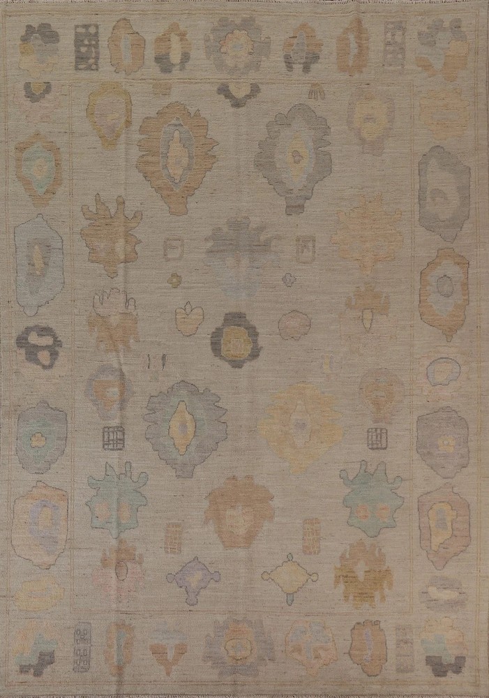 Hand Knotted Oushak Wool Rug Vintage Muted Beige Turkish Area Rug Large Carpet