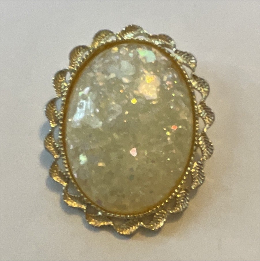 Gold Tone Oval White Stone Brooch Pin - Bezel Set, Metal, 1 Stone