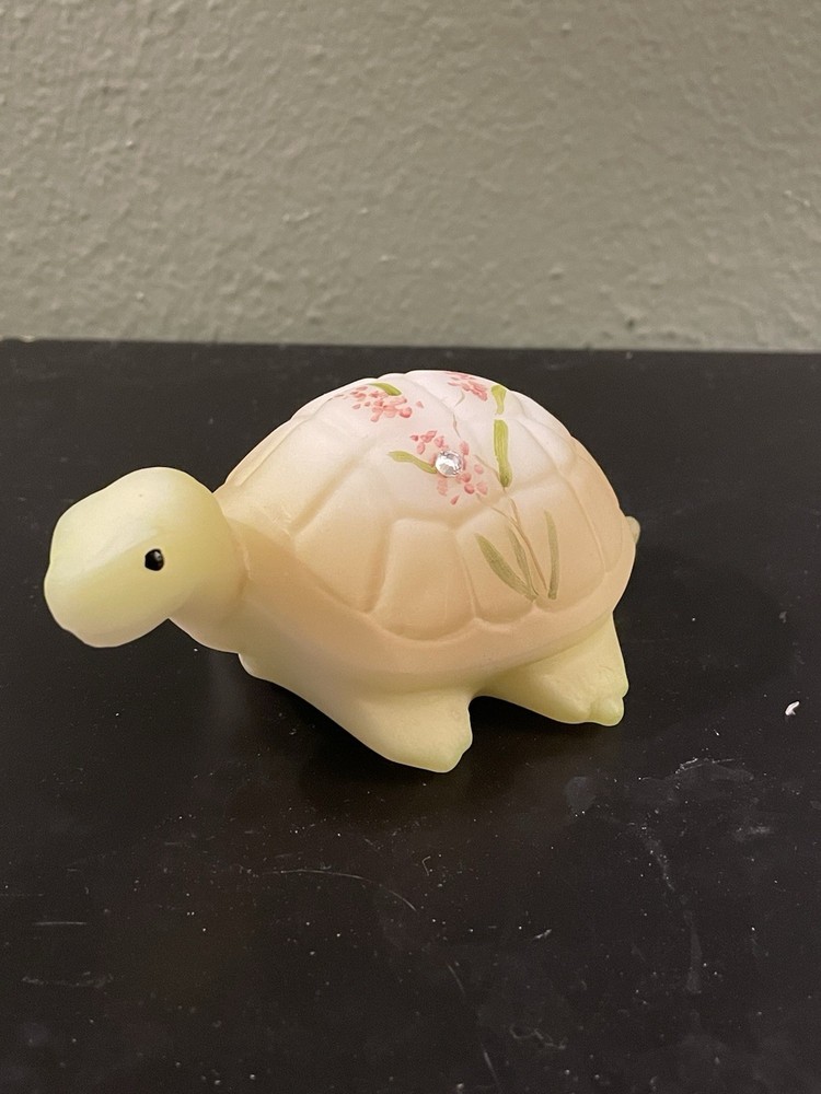 Fenton Gift Shop Satin Glass Turtle with Hand Painted Lily Flower w\ Rhinestone