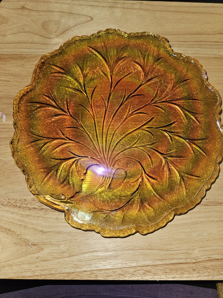 Vintage Amber Marigold Carnival Glass Platter Tree of Life Indiana Glass 10”