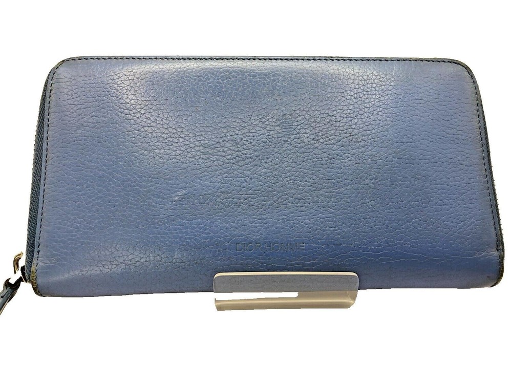 DIOR HOMME Blue Leather Logo Zip Around Long Wallet Pre-Owned T634-10