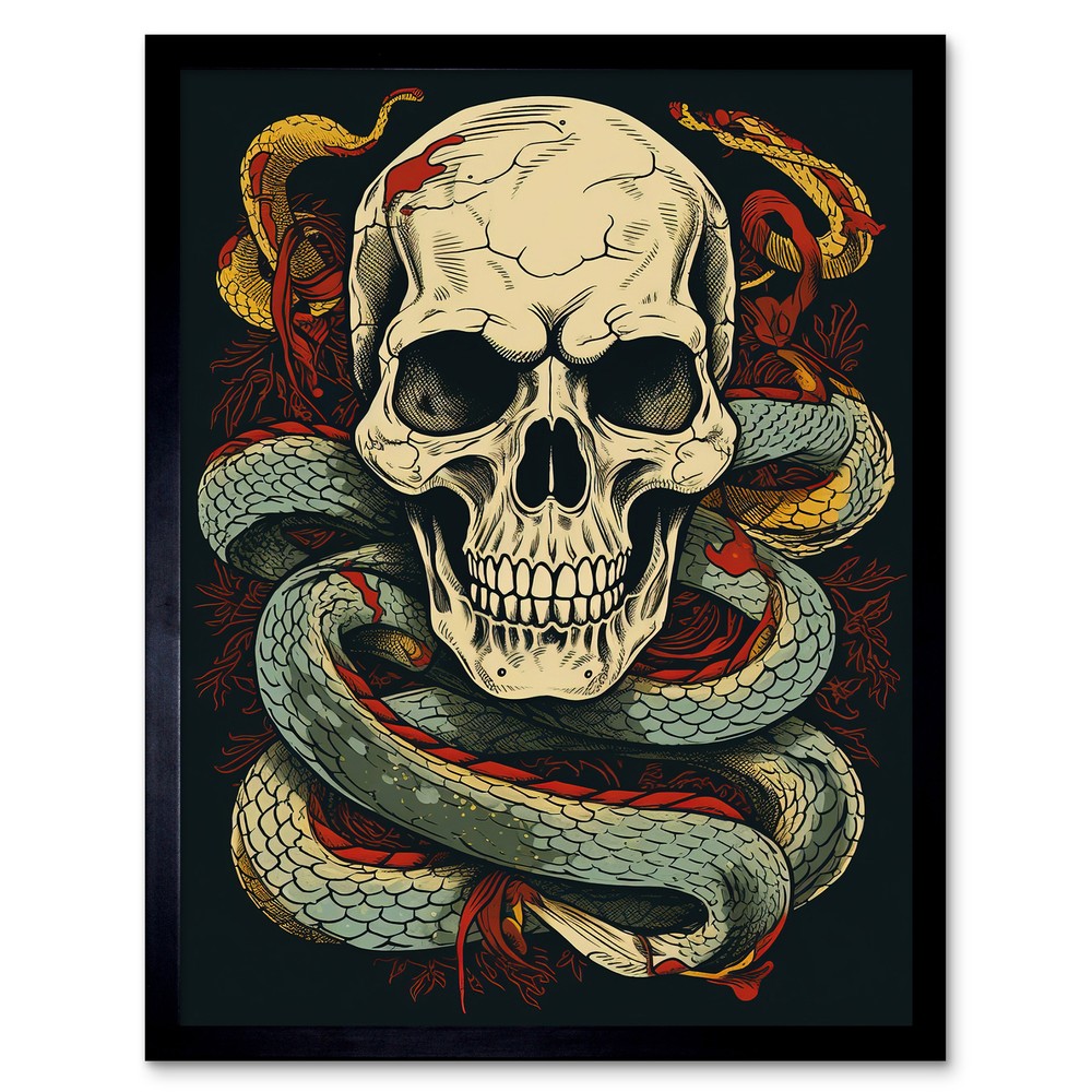 Skull Snakes Old School USA Tattoo Rockabilly 50s Framed Print Wall Art 12x16