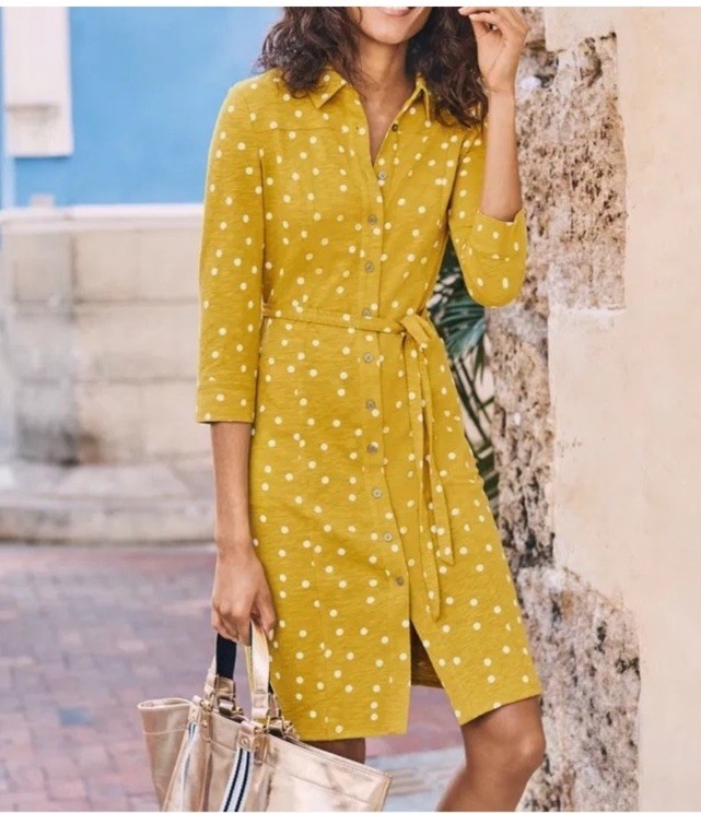 Boden Tara Jersey Shirt Dress mustard yellow with white polka dots 8