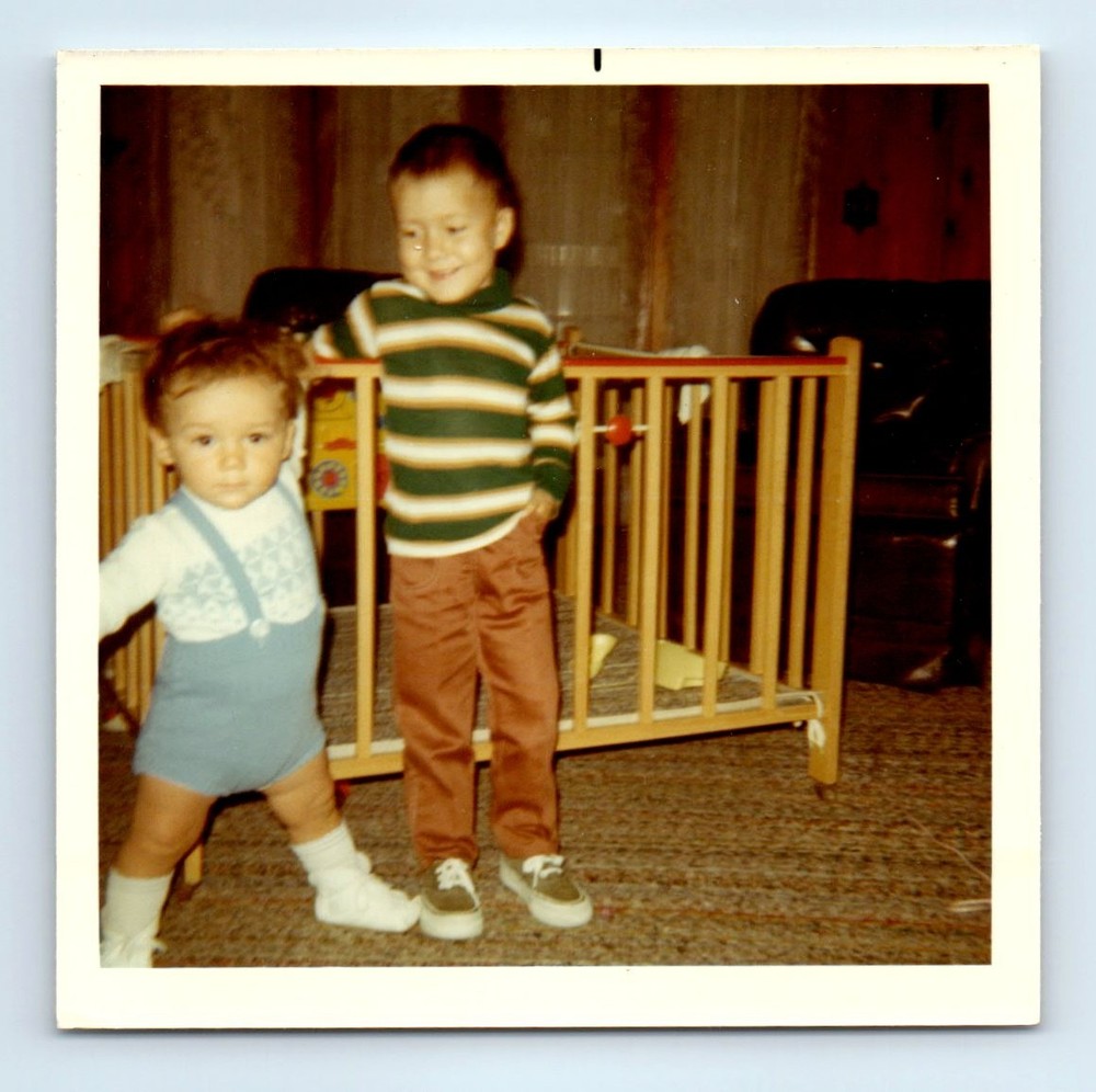 Old Vintage Square Color Photo PAIR DUO BOYS BY CRIB PLAYPEN SNAPSHOT PICTURE