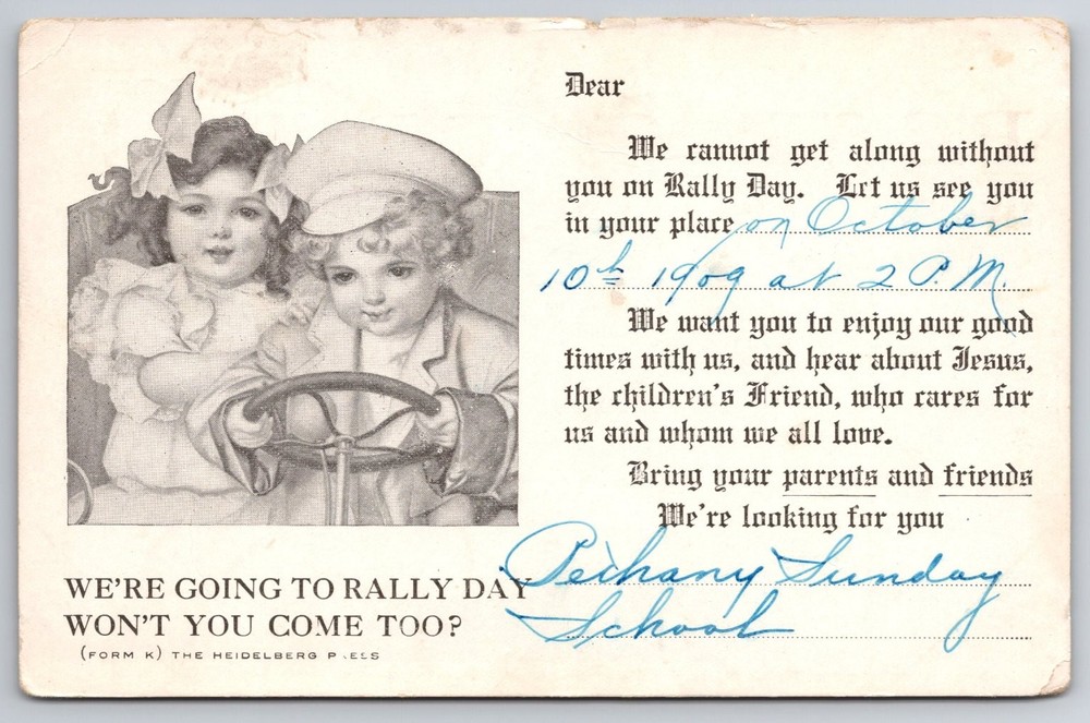 1909 Bethany Sunday School Rally Day Invitation Art Postcard Children Kids