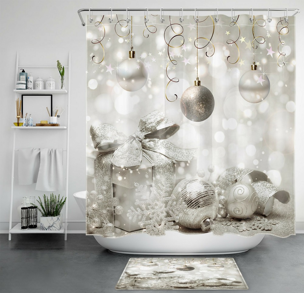 Silver Christmas Balls Gifts Snowflake Shower Curtain Set for Bathroom Decor