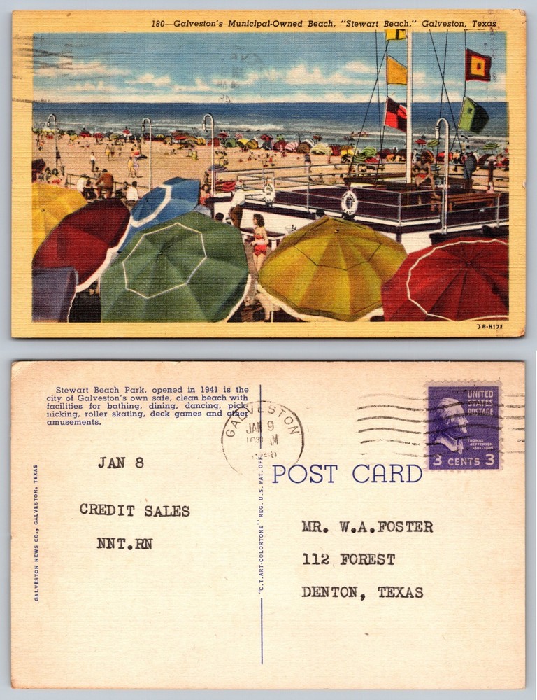 Stewart Beach Galveston Texas Umbrellas Crowds Postcard