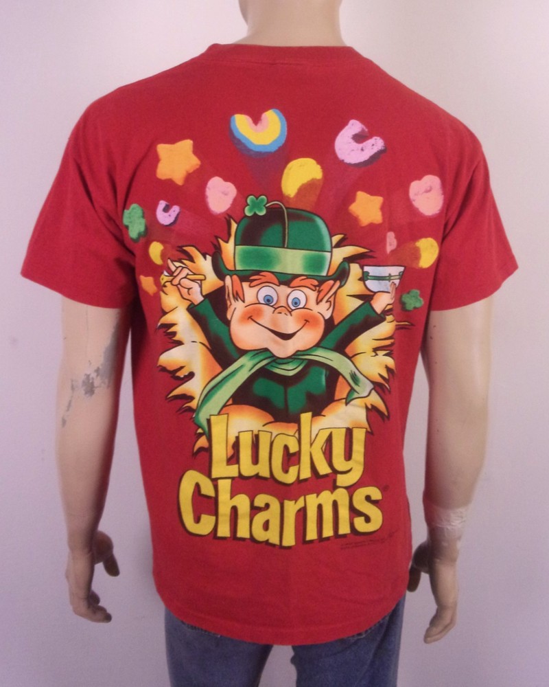 vintage 90s Changes Tag single stitch Lucky Charms Cereal T-Shirt 2 Sided AOP L