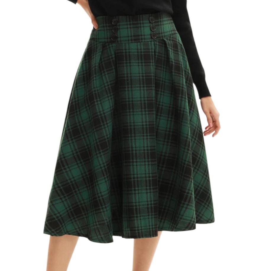 Flannel Grunge Midi A Line Skirt Women’s 2X Green Black Academia Tartan