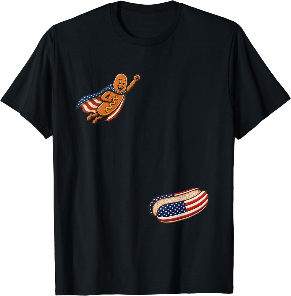 Funny 4th of July Patriotic Hot-Dog BBQ Flying into Bun 250 T-Shirt