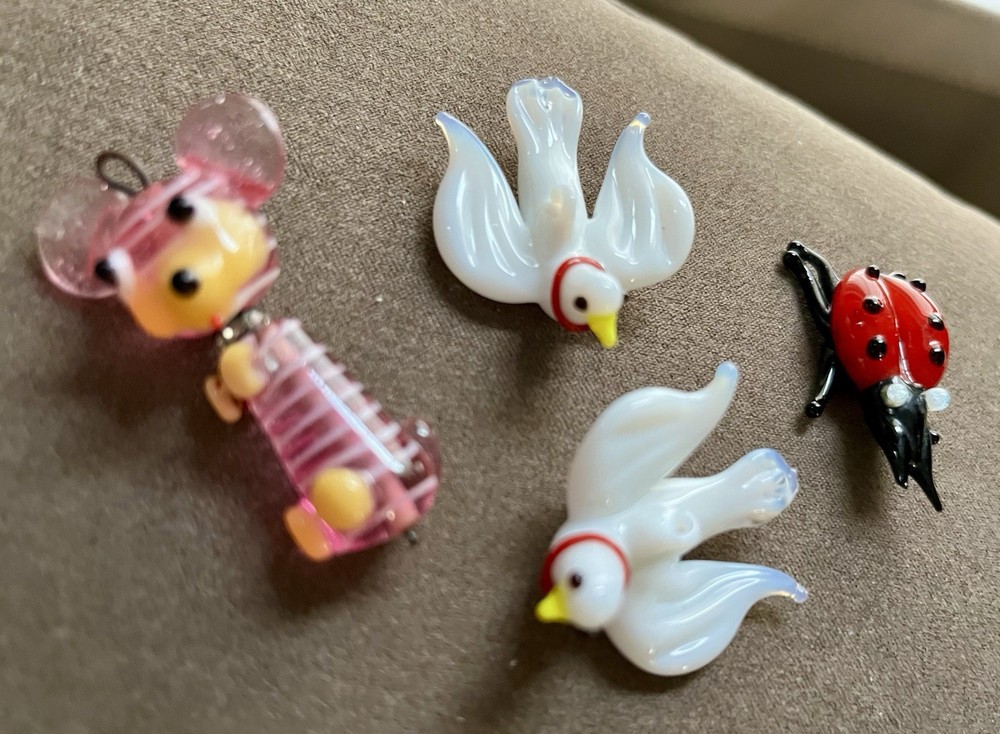 Blown Glass Animals Miniature Lot Of 4 Doves Mouse Lady Bug Murano?