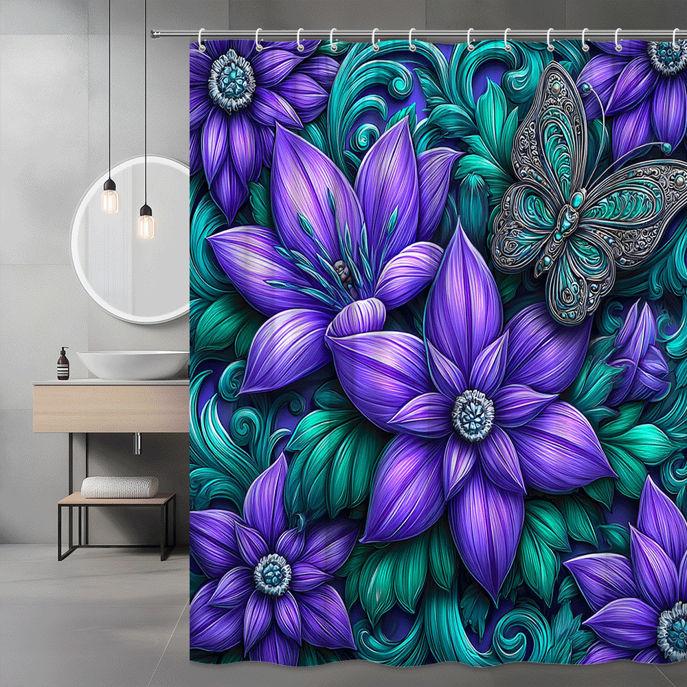 Purple Floral Butterfly Shower Curtain, Teal Leaf Print