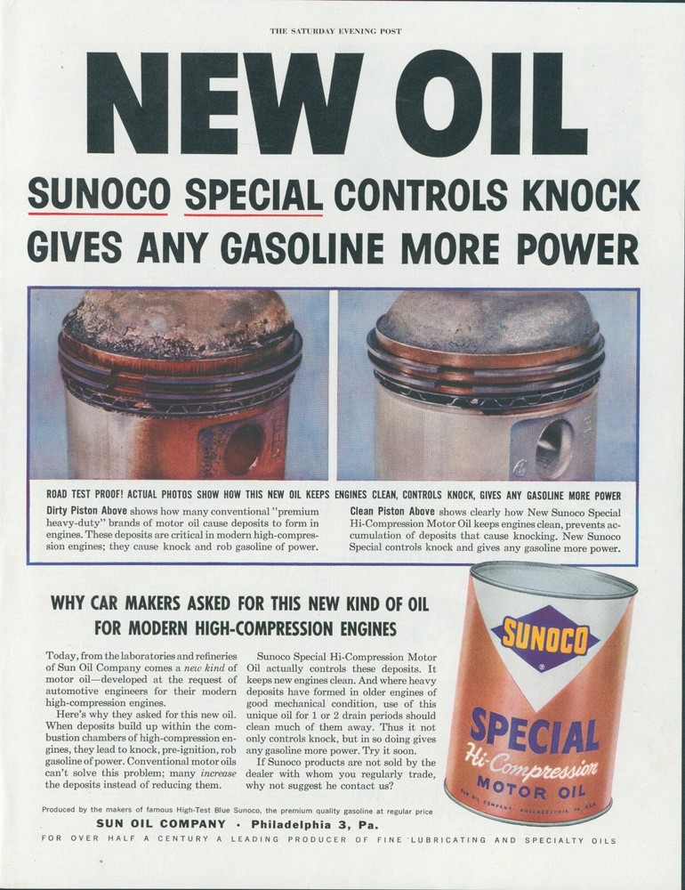 1954 Sunoco Special Motor Oil Hi Compression Controls Knock Power Print Ad SP11