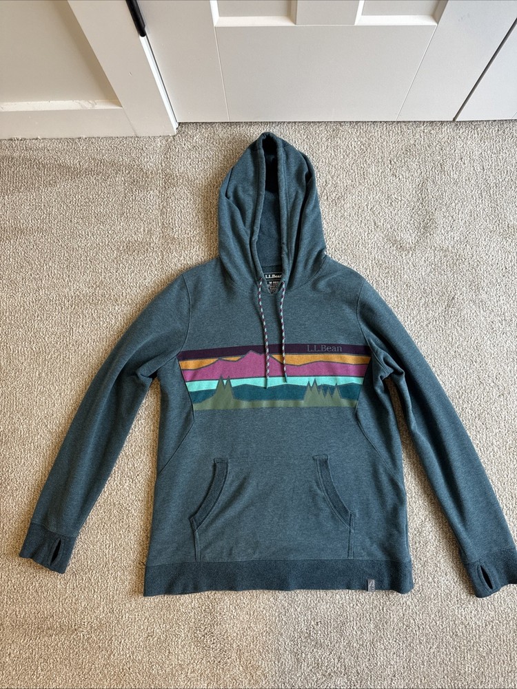 LL Bean Women’s Teal Blue Hoodie Mountain Graphic Cotton/Poly Blend Medium