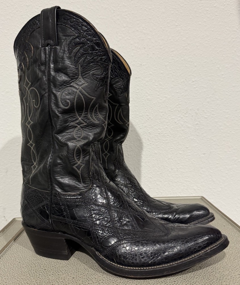 Justin Vintage Patchwork Alligator Made in USA Black Leather Western Boots 10.5D