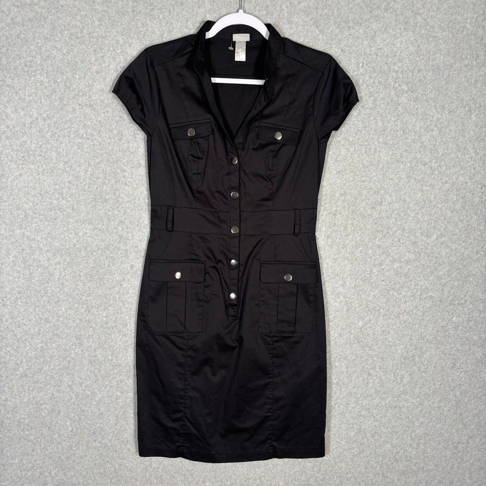 H&M Utility Pencil Dress Size 8 Snap Pockets Cotton Stretch Snap Minimal NO BELT