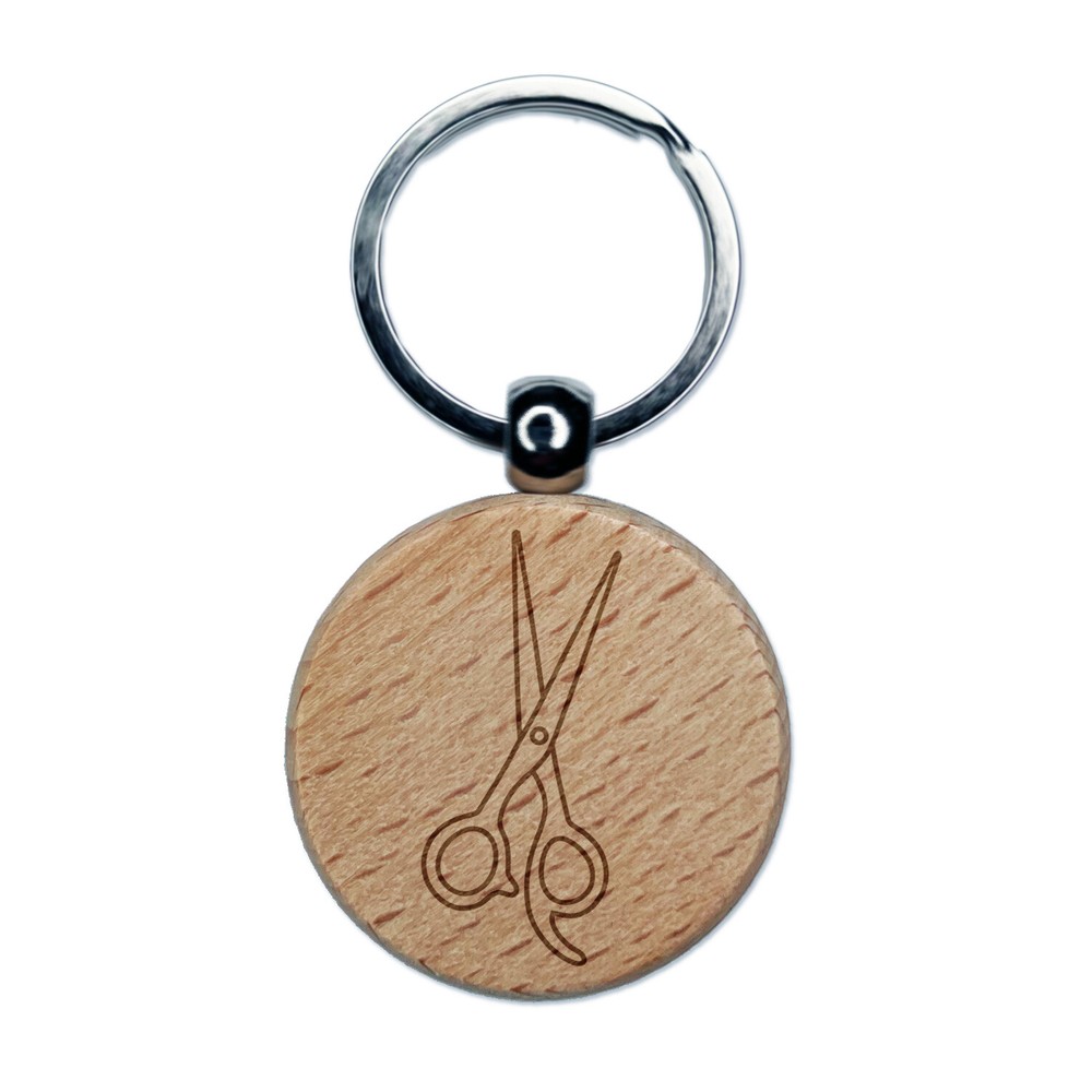 Hair Cutting Scissors Engraved Wood Round Keychain Tag Charm