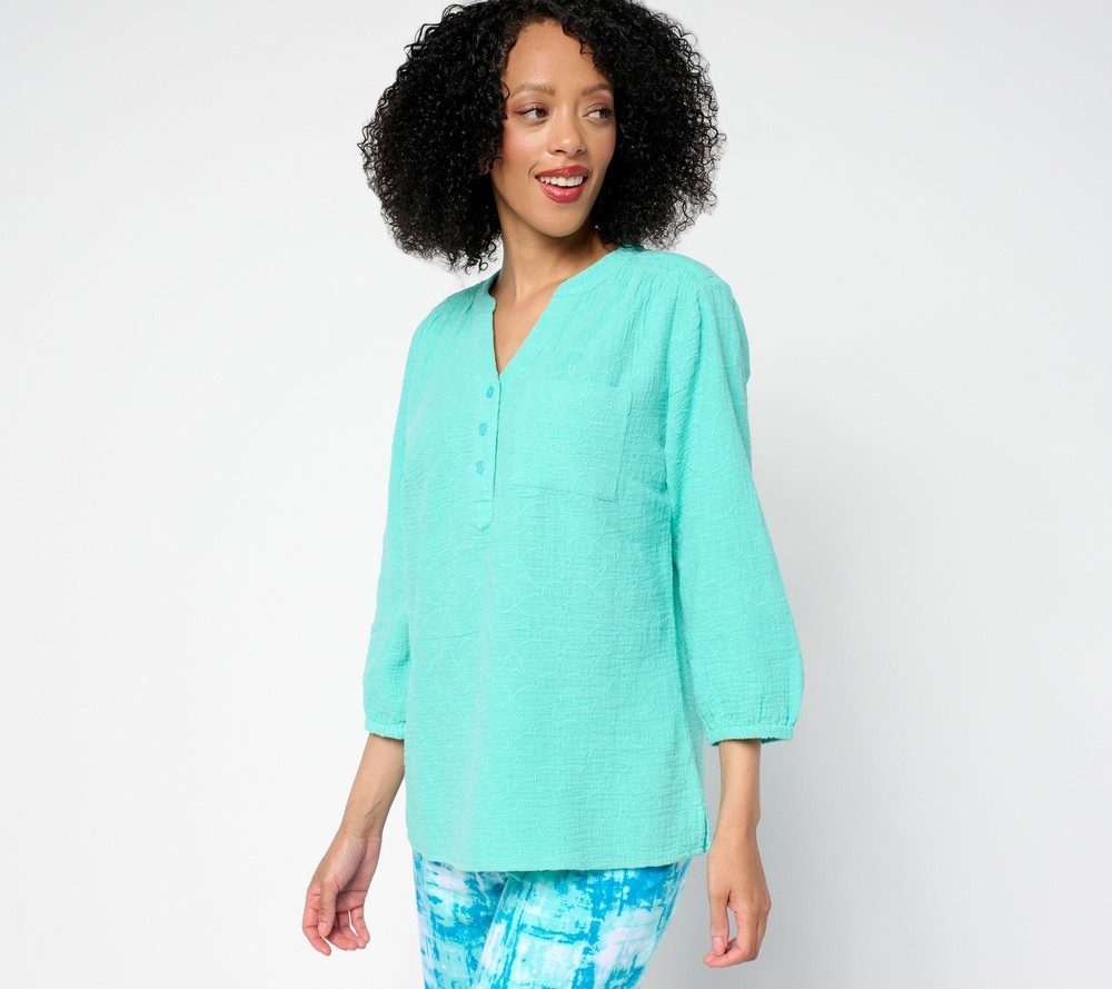 Denim & Co. Women's Top Sz L Beach 100% Cotton Gauze Y-Neck Blue A712276