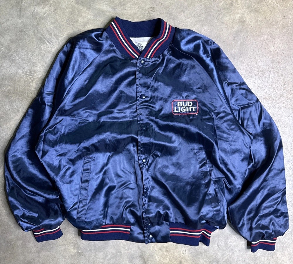 Vintage OP Bud Light Beer Blue Satin Bomber Patched Jacket mens XL retro striped