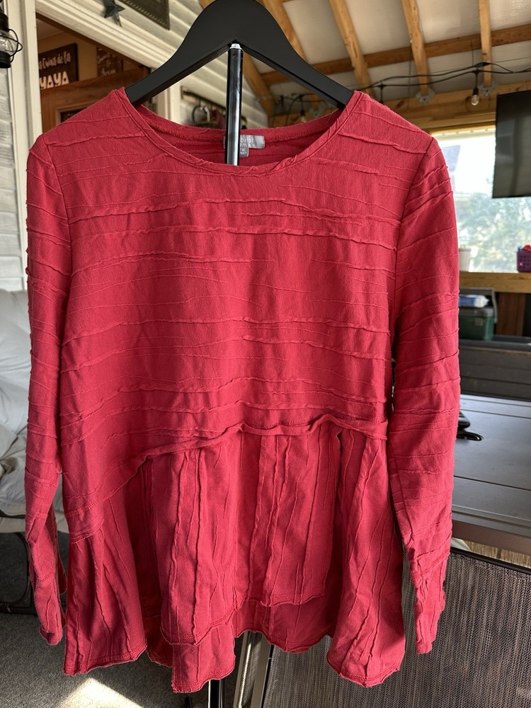 Habitat Red Knit Button Accent Tunic Blouse Round Neck Long Sleeve XL